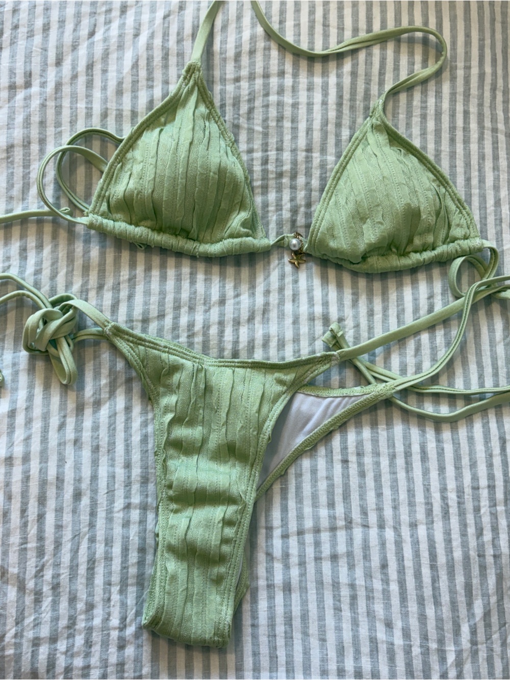 Light Green Ribbed Tie-Side Triangle Bikini Set